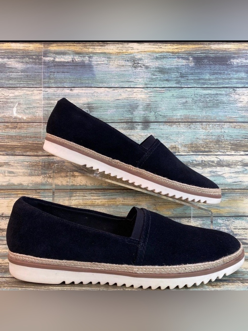 Clarks Espadrille Loafers Womens Size 11B Black Suede Wedge Heel Slip On Shoes